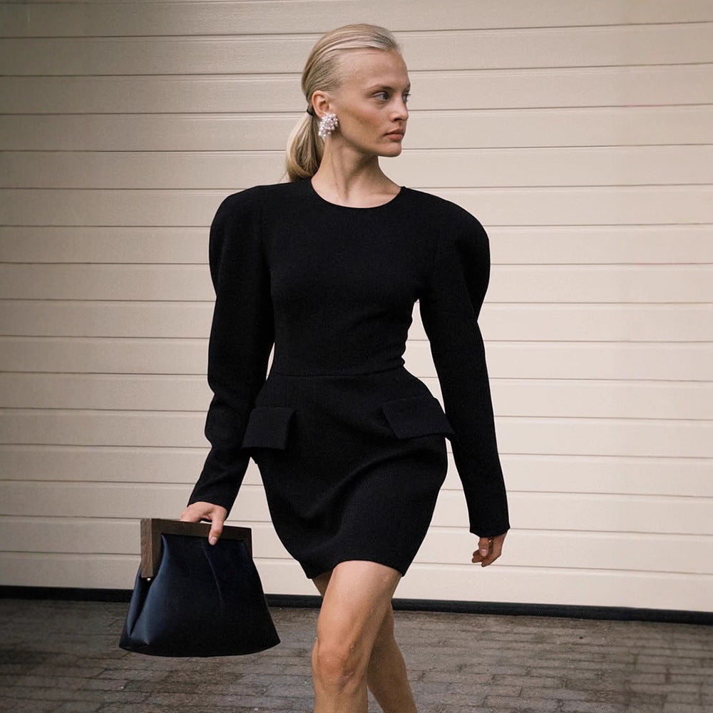 Women Tailored Minidress with Structured Shoulders, Long Sleeves and Suggested Peplum Chichicherry