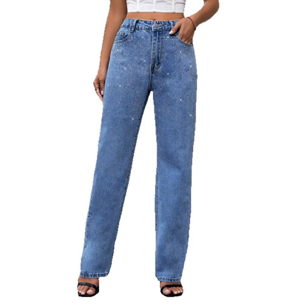 Women's High-Waist Wide-Leg Denim Jeans with Sparkling Pearl Scatter and Straight Leg Chichicherry