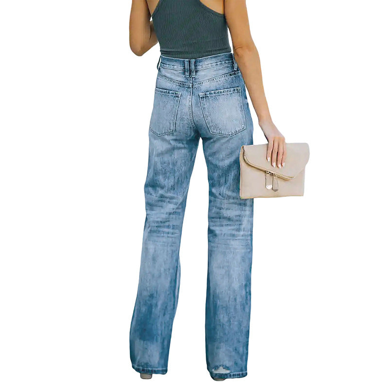 Women's High-Waisted Loose Straight-Leg Jeans with Destroyed Details Chichicherry