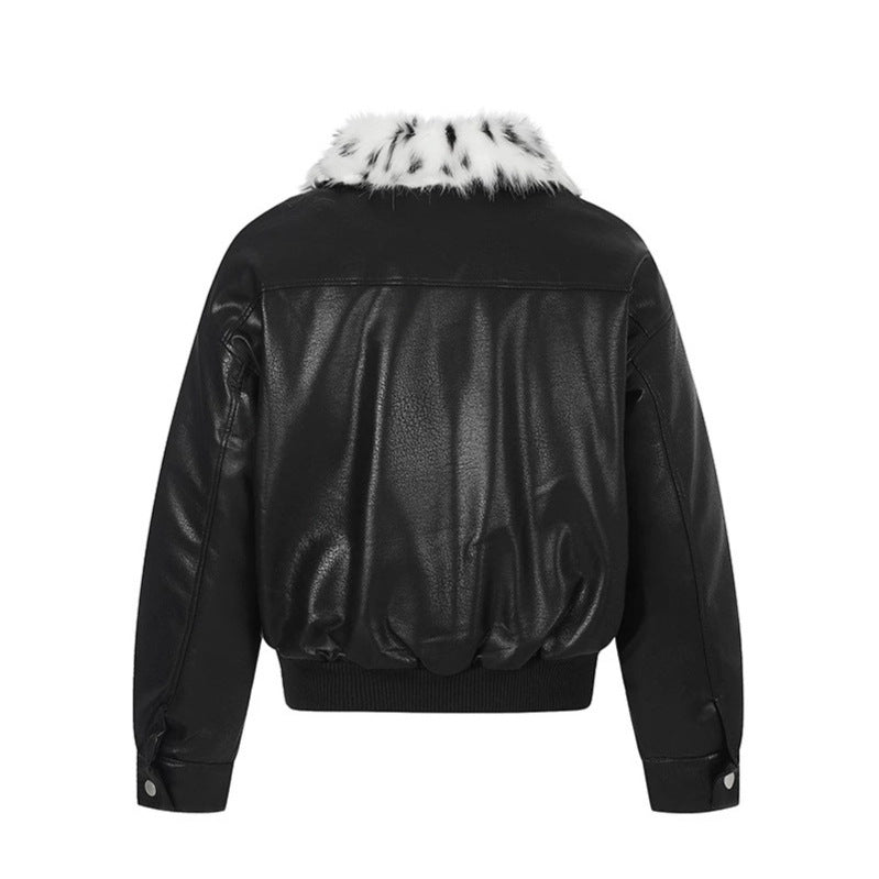 Ladies Faux Leather Bomber Jacket with Asymmetrical Zipper and Contrasting Faux Fur Collar Chichicherry