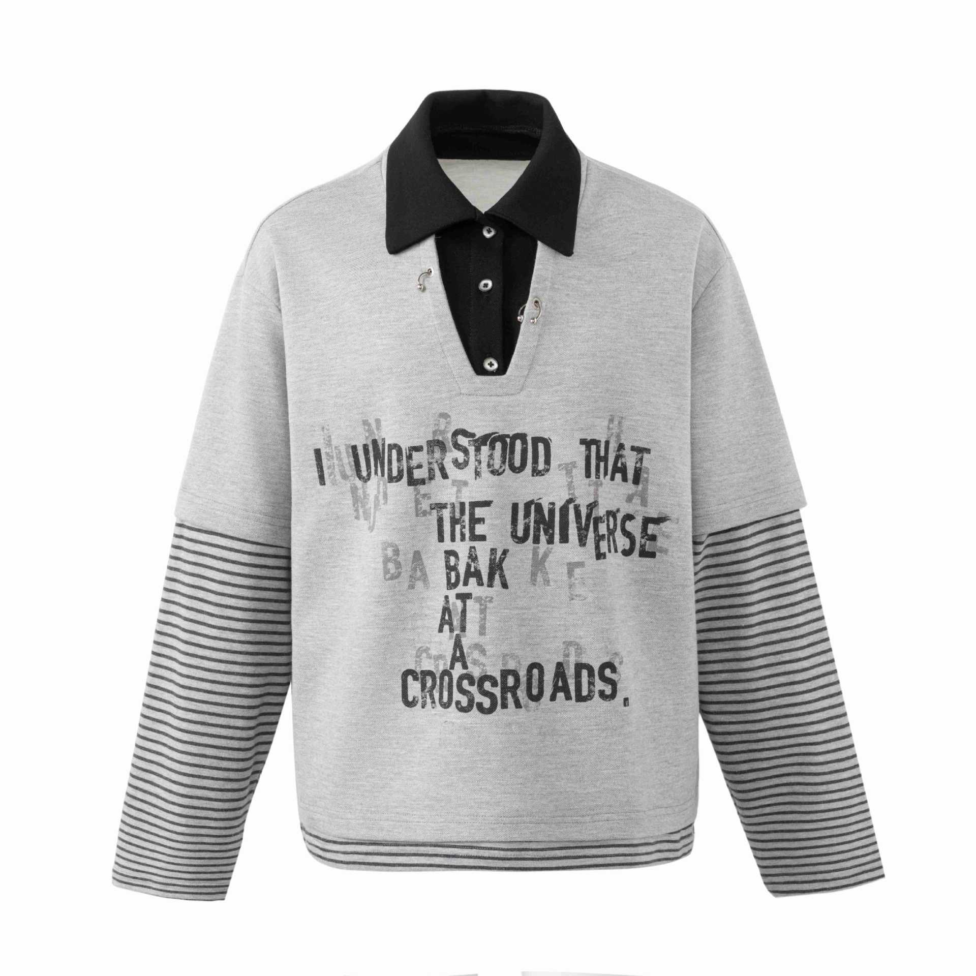 Men's sweatshirt with integrated polo collar, V-neck and striped sleeves Chichicherry