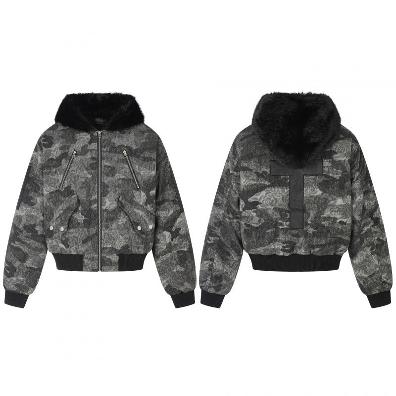 Ladies Boxy Bomber Jacket with Soft Faux Fur Collar and Floral Camouflage Structure Chichicherry