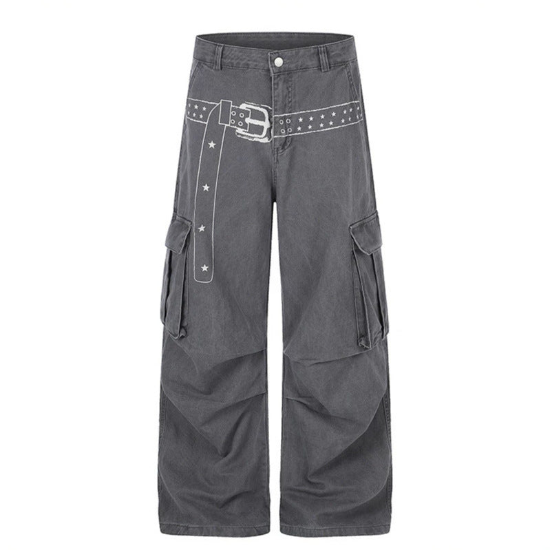 Women's cargo palazzo pants made of cotton blend with wide legs, patch flap pockets and belt print Chichicherry