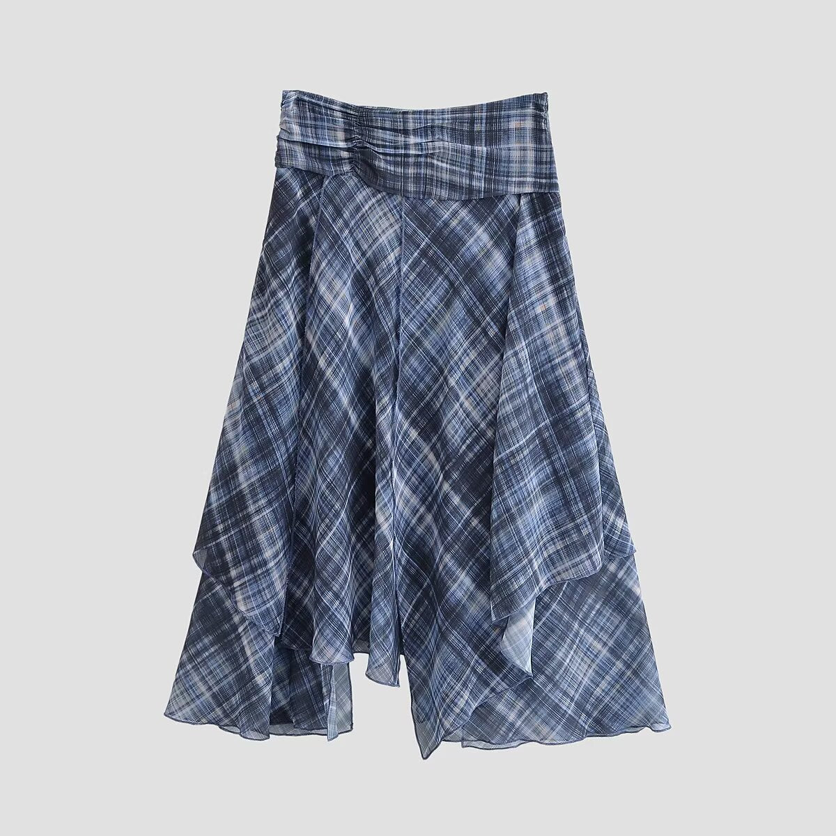 Women Asymmetrical multilayer midi skirt made of chiffon with wide waistband and check pattern Chichicherry
