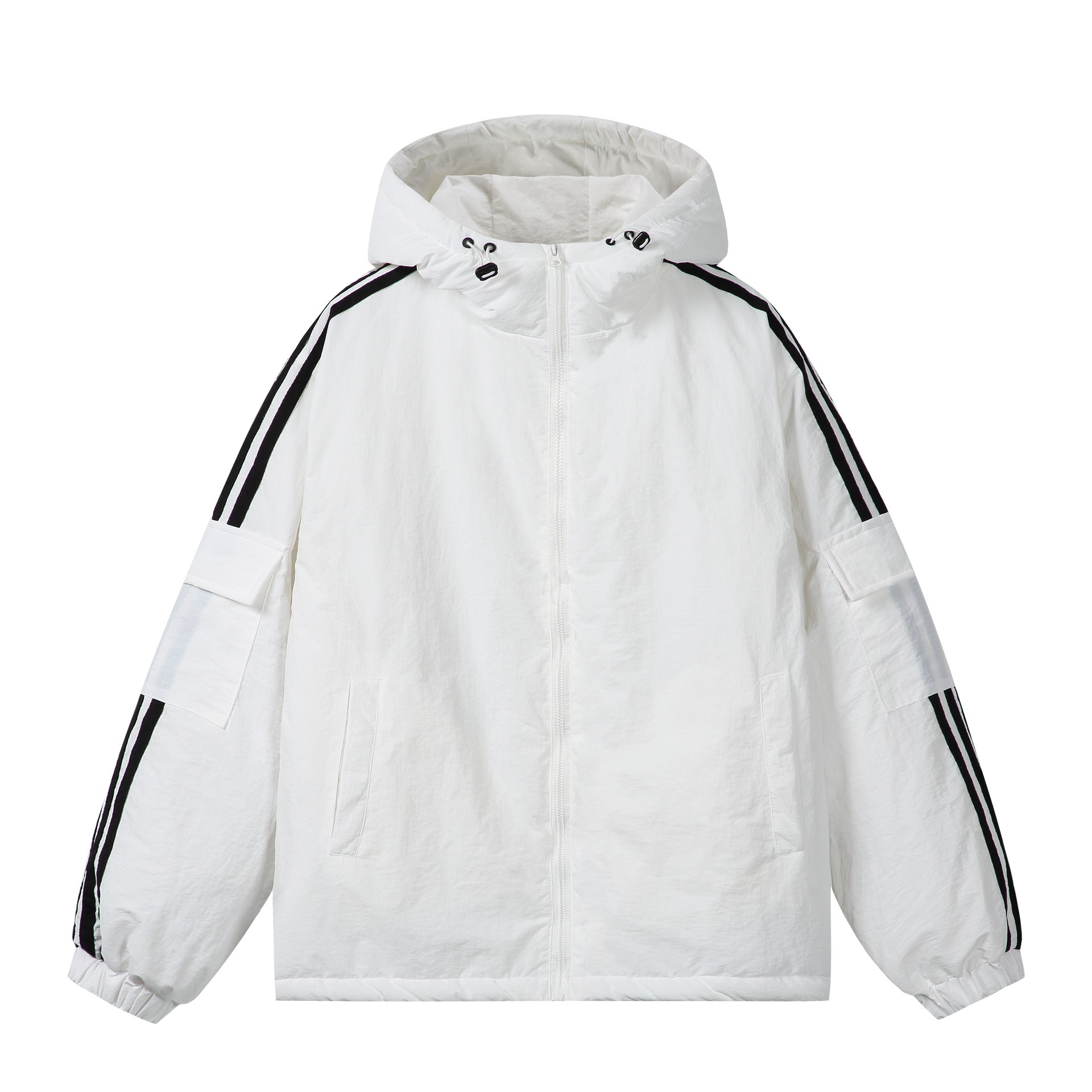 Unisex Short Boxy Padded Hooded Jacket with Sleeve Utility Pocket and Side Insertion Pockets Chichicherry