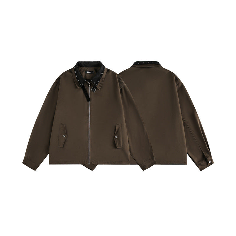 Unisex Boxy Blouson Jacket with Stud Decoration at the Buckle Collar and Concealed Zipper Chichicherry