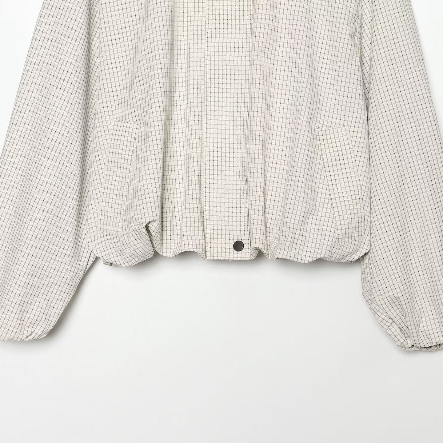 Women's Cropped Blouson Jacket in Boxy Cut with Fine Check Pattern and Contrast Faux Leather Collar Chichicherry