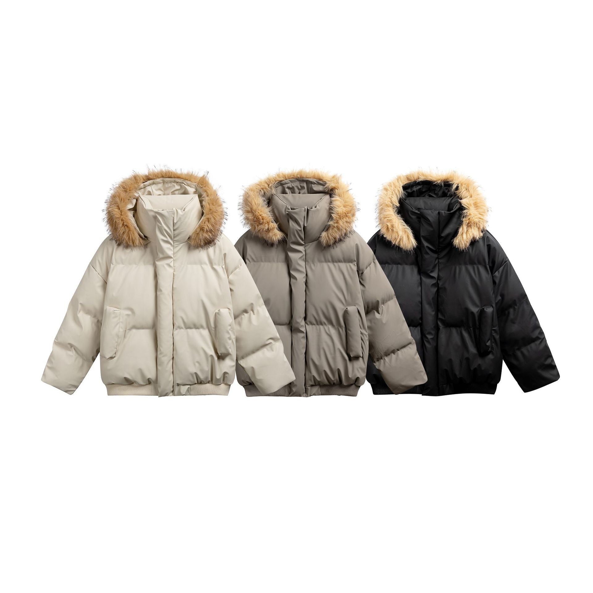 Women's Padded Short Quilted Jacket with Faux Fur Hood and Ribbed Hem Chichicherry