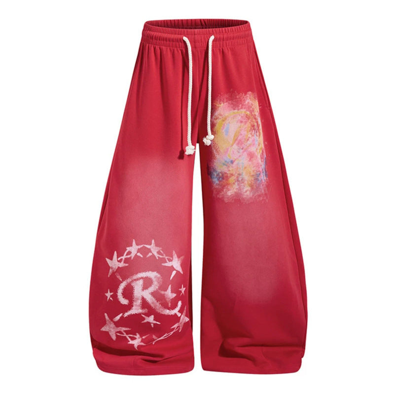 Women Wide Palazzo Sweatpants with Elastic Waistband, Drawstring and Creative Allover Prints Chichicherry