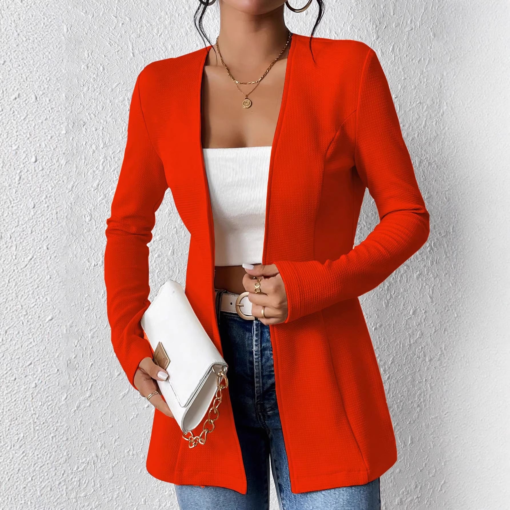 Ladies Tailored Long Blazer with V-Neck and One-Button Closure Chichicherry
