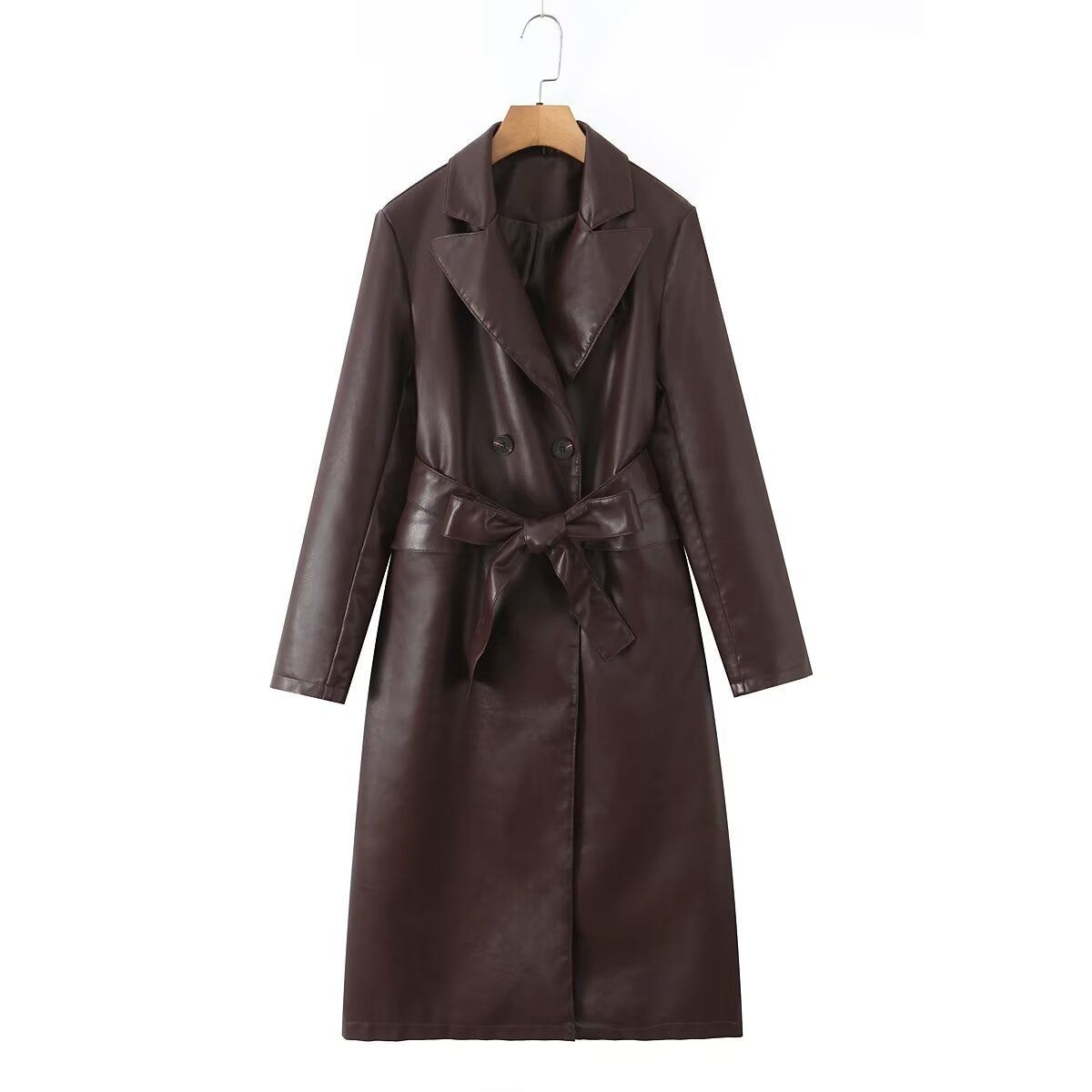 Women's Longline Faux Leather Trench Coat with Double-Breasted Button Placket and Waist Belt Chichicherry