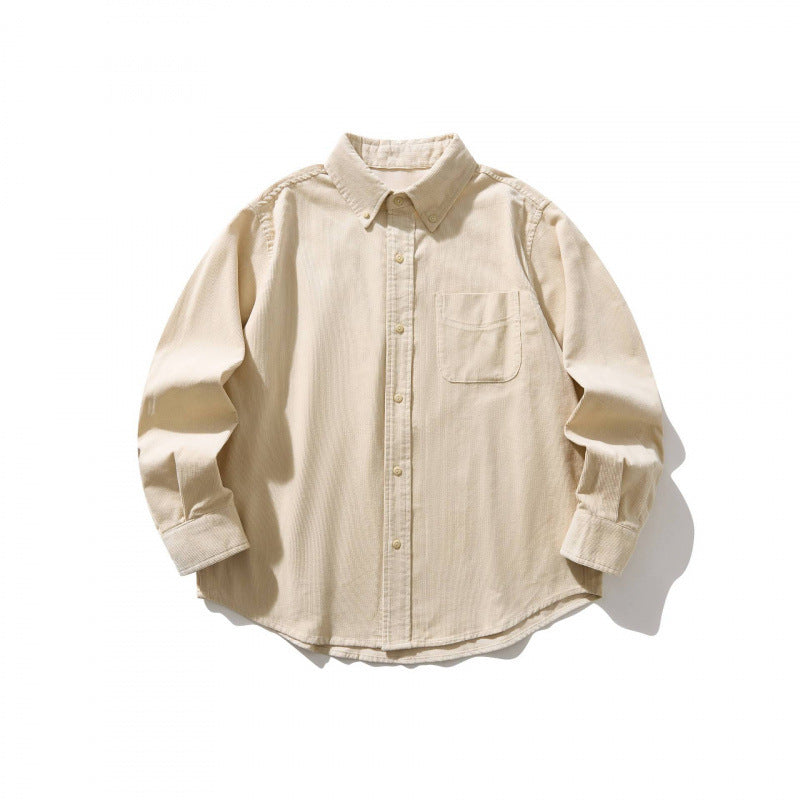 Unisex Boxy Cord Shirt in Overshirt Style with Button-Down Collar and Patch Chest Pocket Chichicherry