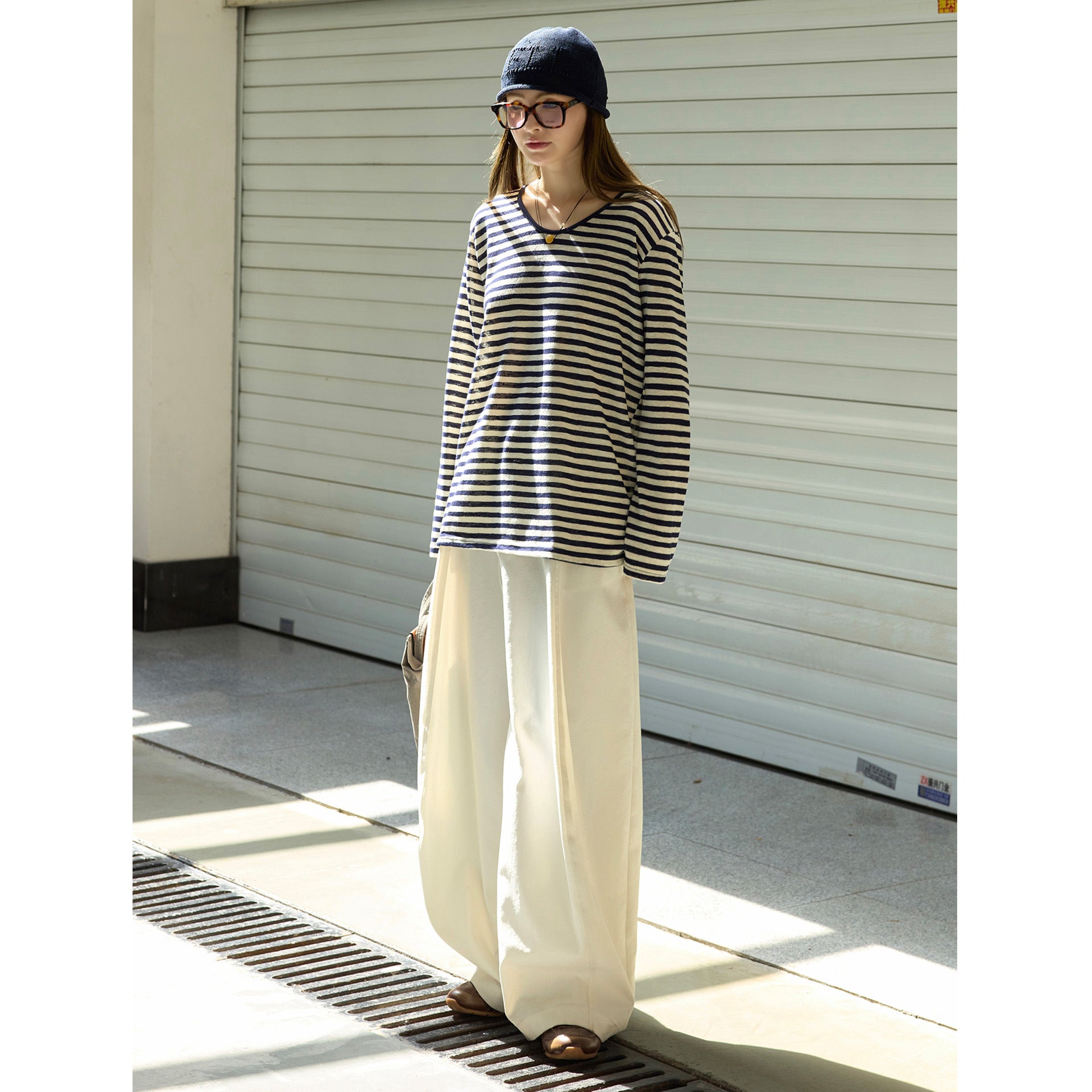 Ladies Maritime Striped Long Sleeve made of Linen-Cotton Mix with Wide Boat Neck Chichicherry