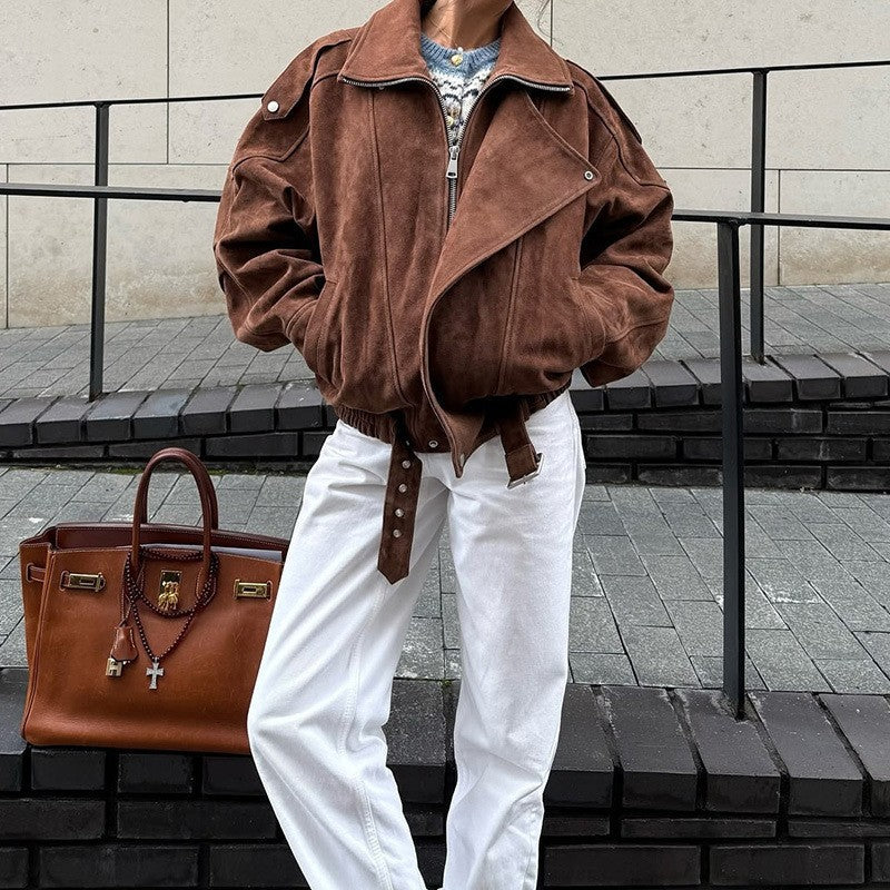 Women's Oversized Suede Blouson with Asymmetrical Zipper and Waistbelt Chichicherry