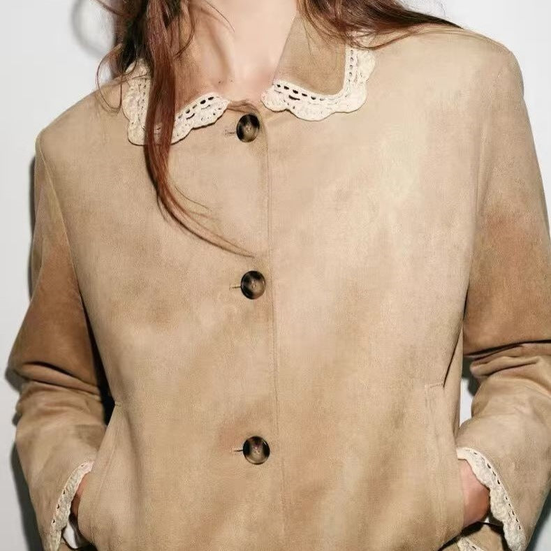 Women's Short Jacket with Crochet Lace Collar and Lace Cuffs Chichicherry