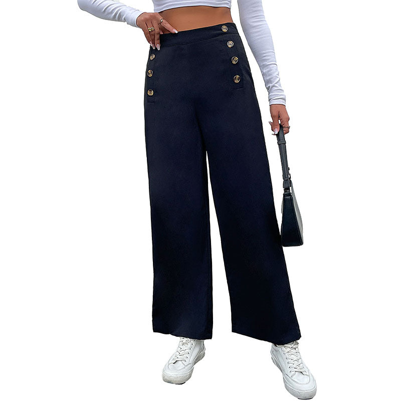 Women's High-Waisted Wide-Leg Pants with Maritime-Inspired Decorative Button Placket Chichicherry