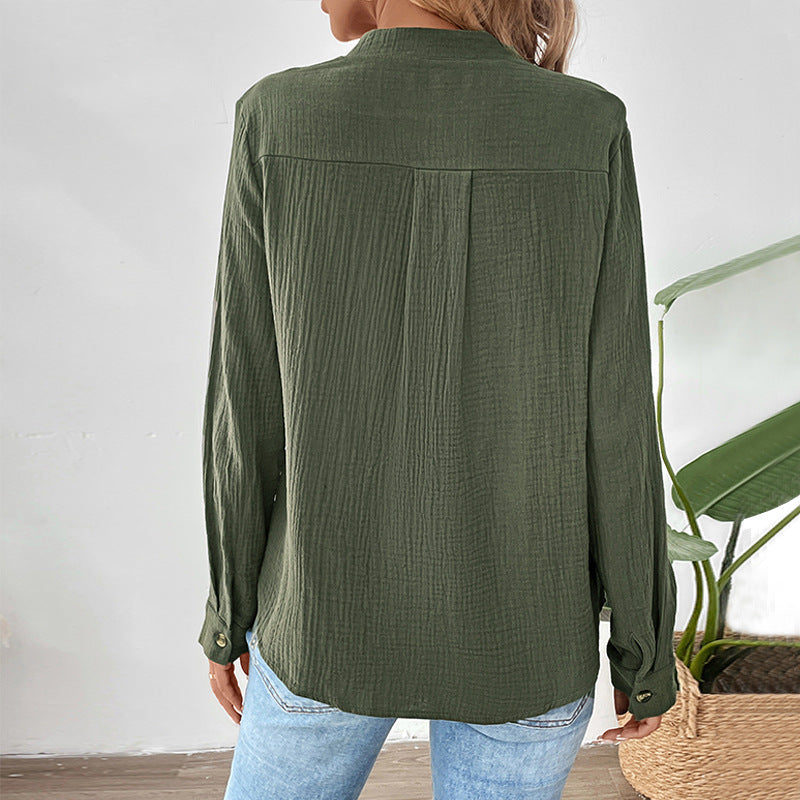Women's Light Crinkle Henley Blouse Shirt with Stand Collar, Long Sleeves and Relaxed Fit Chichicherry