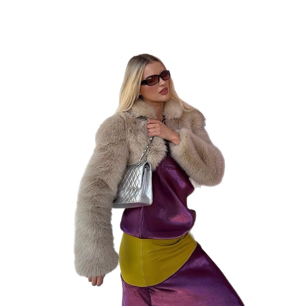 Women Short Cut Luxurious Faux Fur Jacket with Voluminous Sleeves and Lapel Collar Chichicherry