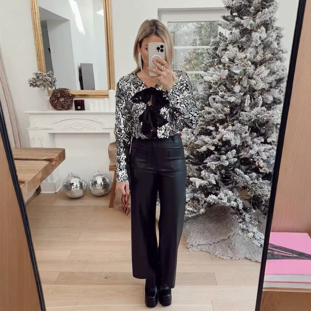 Women’s Short Jacket with Sequin Trim and Decorative Bow Front Chichicherry