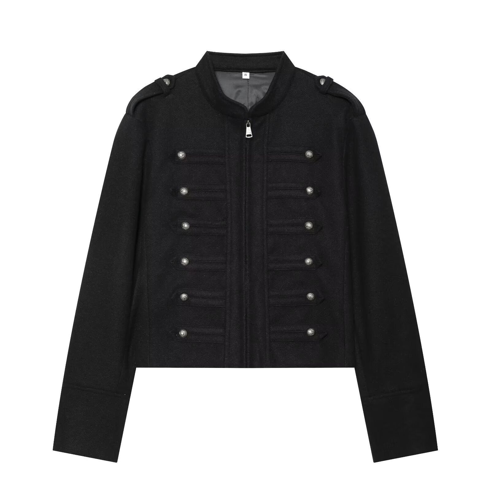 Women's Military Inspired Cropped Wool Blend Jacket with Decorative Button Placket and Stand-Up Collar Chichicherry