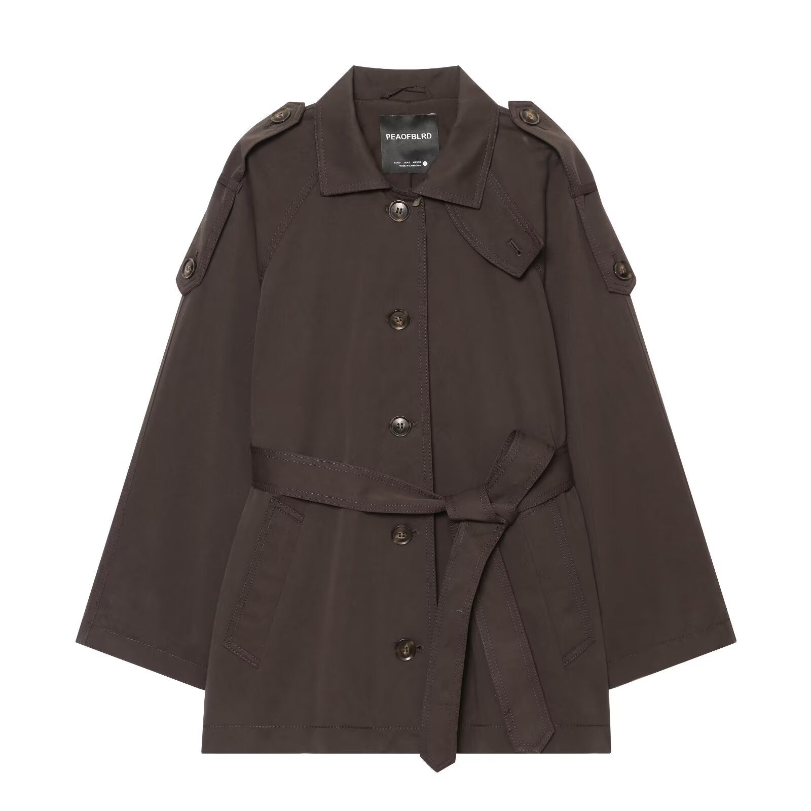 Women Short Trench Cape with Waist Belt, Epaulettes and Patch Pockets Chichicherry