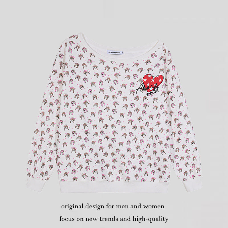 Women's sweatshirt with allover cartoon print, wide round neckline and heart patch.