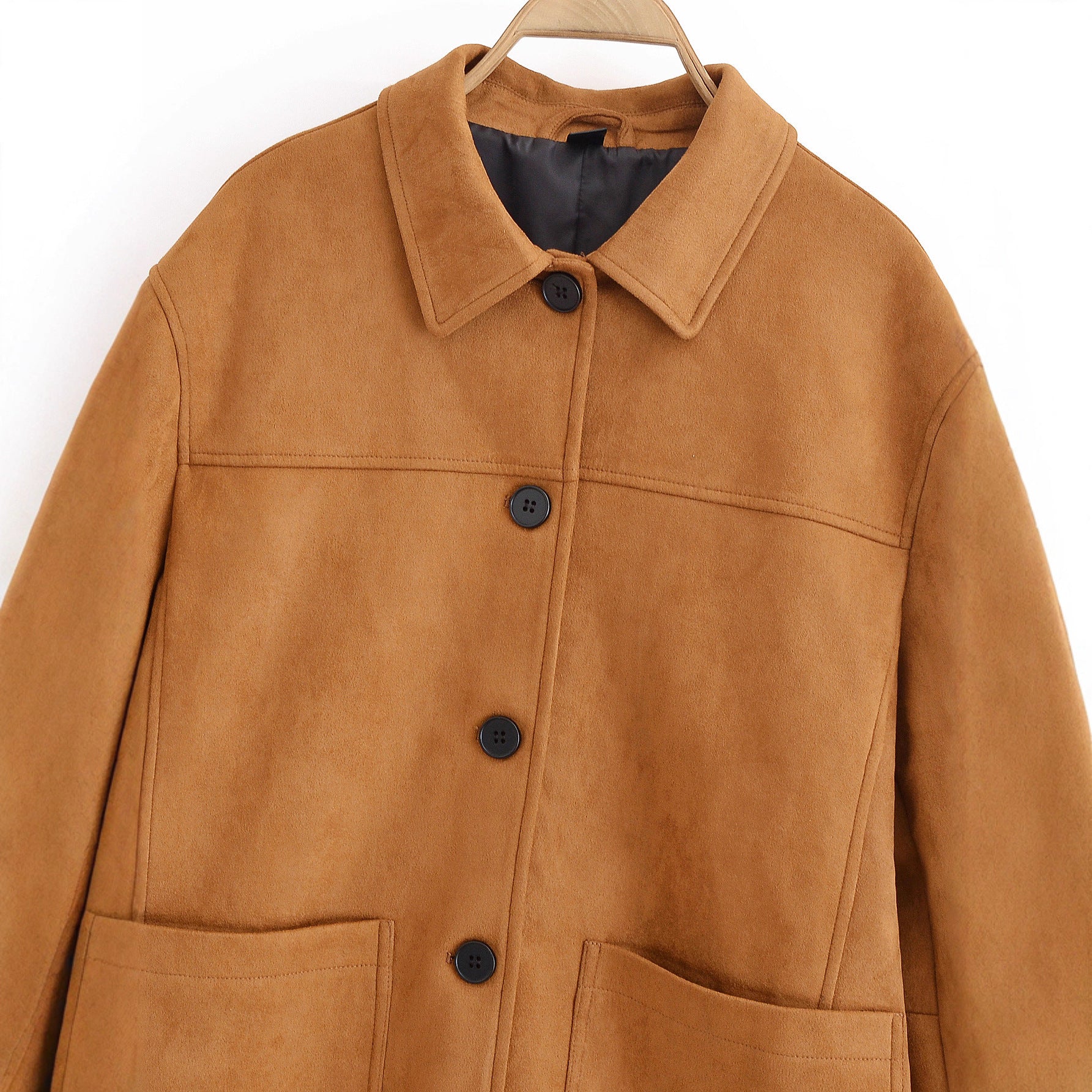 Women's Boxy Utility Jacket in Suede Look with Shirt Collar and Large Patch Pockets Chichicherry