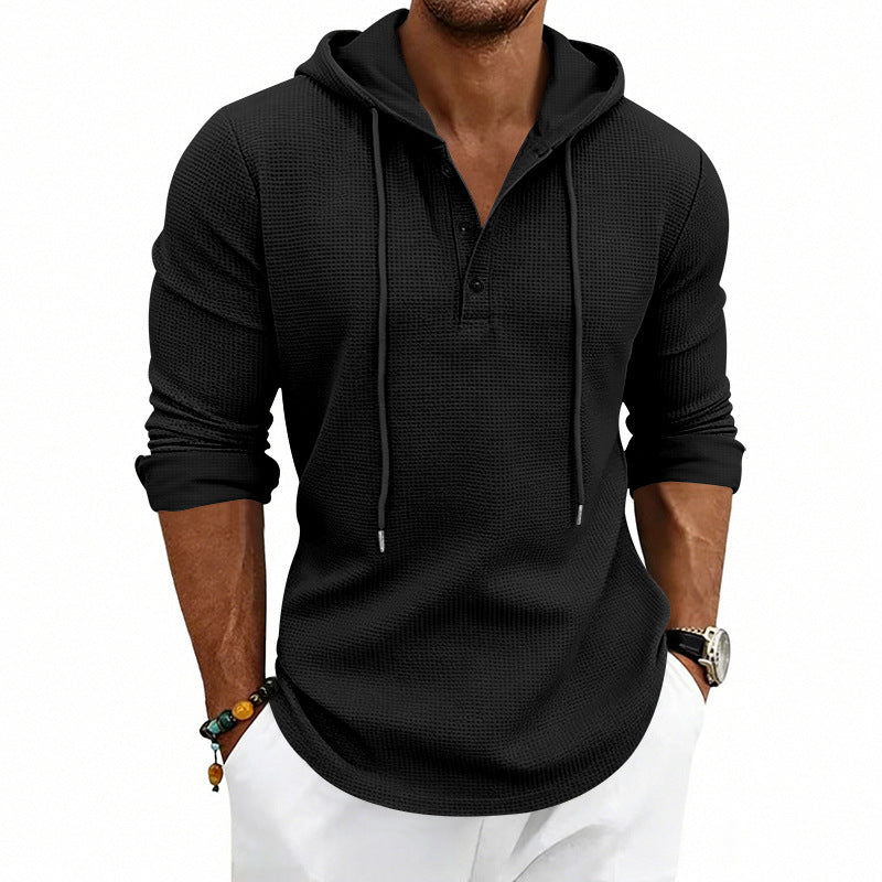 Men's Textured Hooded Long Sleeve Shirt with Button Placket and Waffle Texture Chichicherry