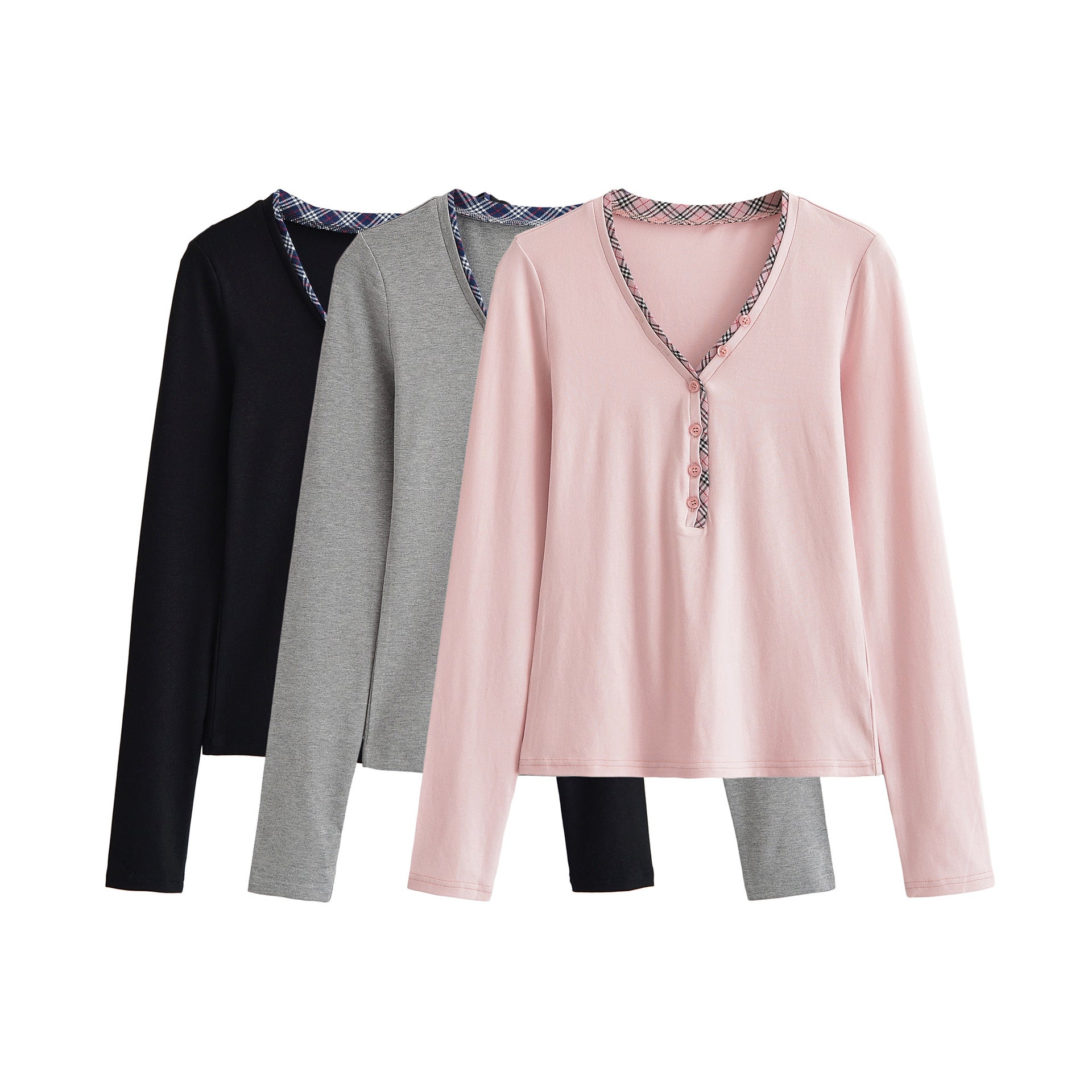 Women's long sleeve shirt with V-neck, button placket and check trim Chichicherry
