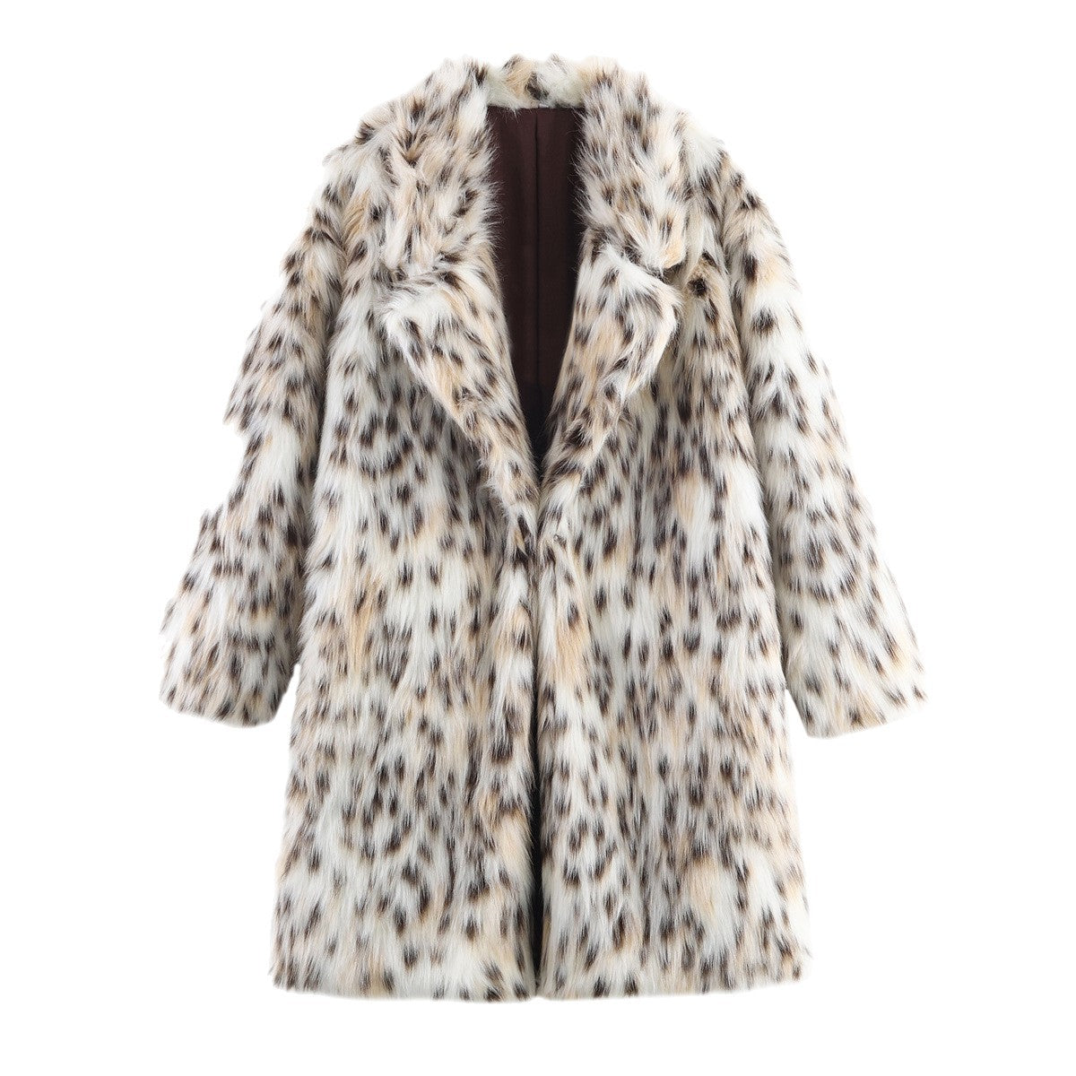 Women's midi coat made of faux fur with leopard print, oversized fit and shawl collar Chichicherry