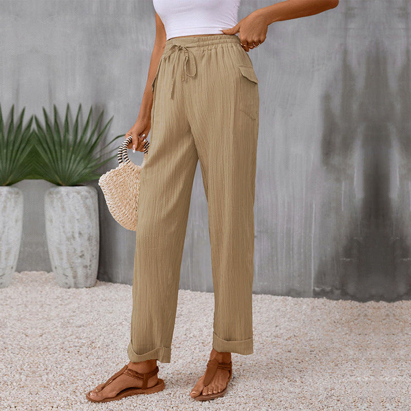 Women's Lightweight Linen Look Pants with Elastic Waistband, Drawstring and Straight Leg Chichicherry