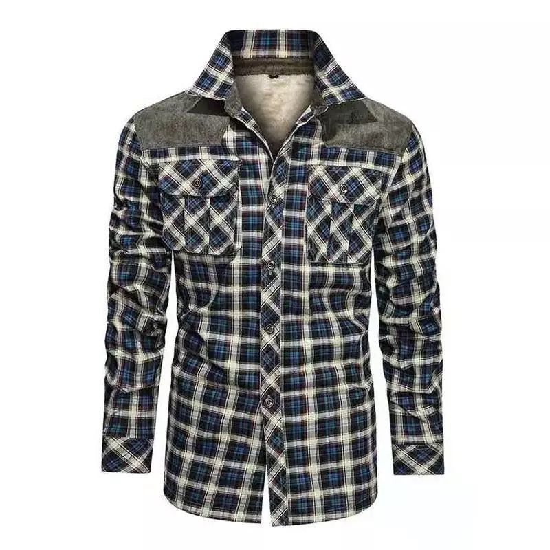 Men's padded check shirt jacket with teddy fleece lining, chest flap pockets and shoulder patches Chichicherry