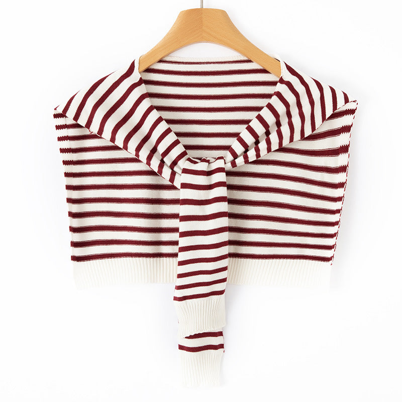 Women's Short Knitted Shoulder Cape to Tie Striped Fine Knit Wrap Stole Chichicherry