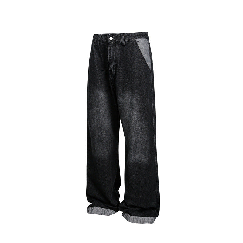 Unisex Wide Baggy Denim Pants with High Waist and Contrasting Pockets Chichicherry