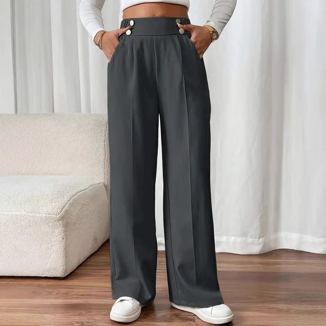 Women's High-Waisted Wide Marlene Pants with Decorative Button Waistband and Ironed Pleat Chichicherry
