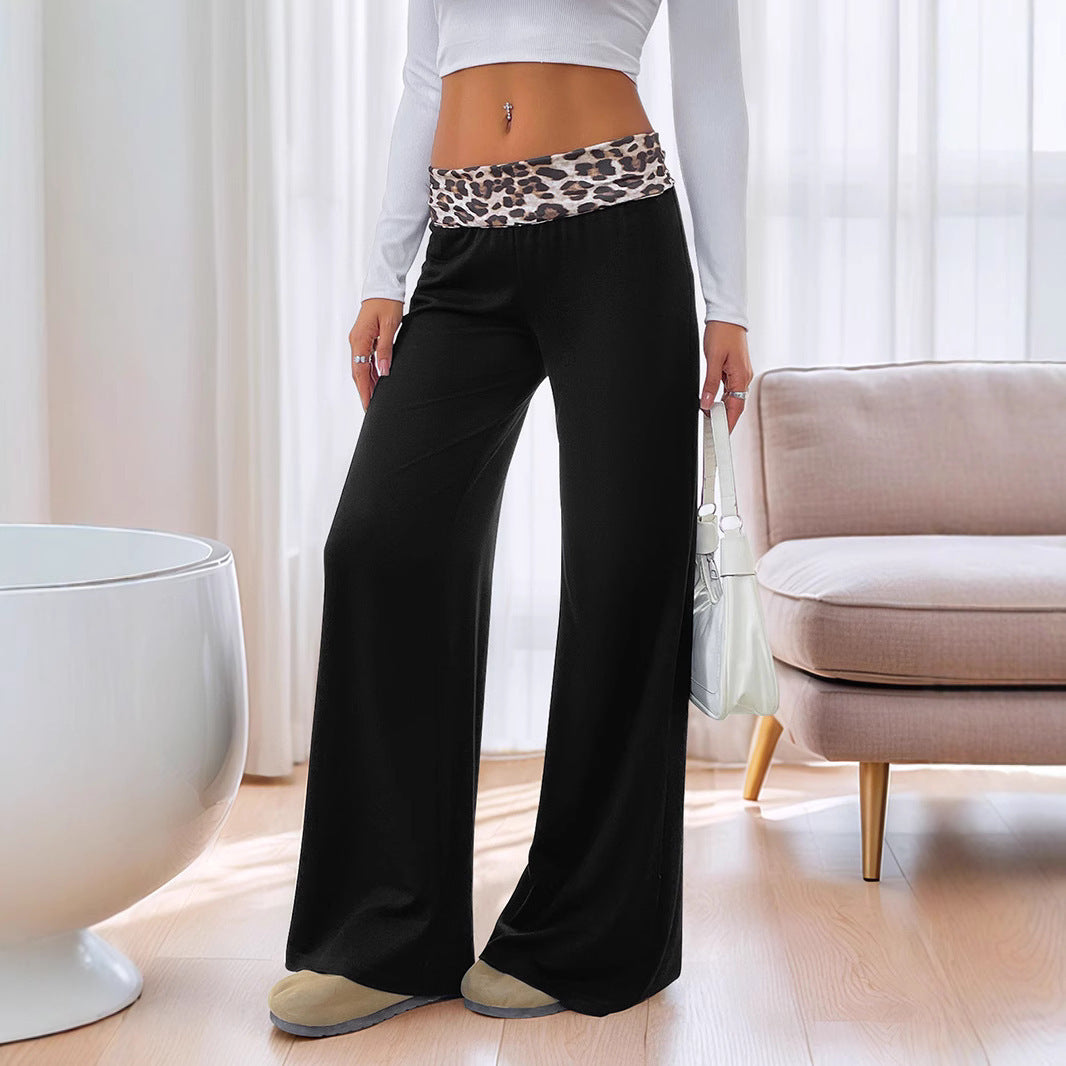 Women’s Loose Lounge Pants with Turned-Down Leopard Waistband and High Waist Chichicherry