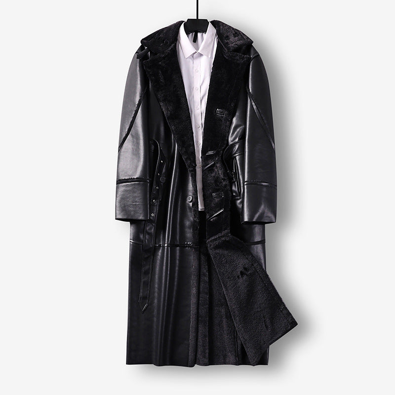 Men's Maxi Long Faux Leather Coat with Teddy Lining and Waist Belt Chichicherry