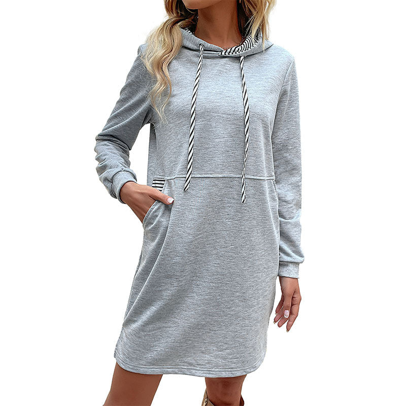 Women's hoodie dress in sweatshirt style with kangaroo pocket, striped drawstring, and casual tunic silhouette Chichicherry