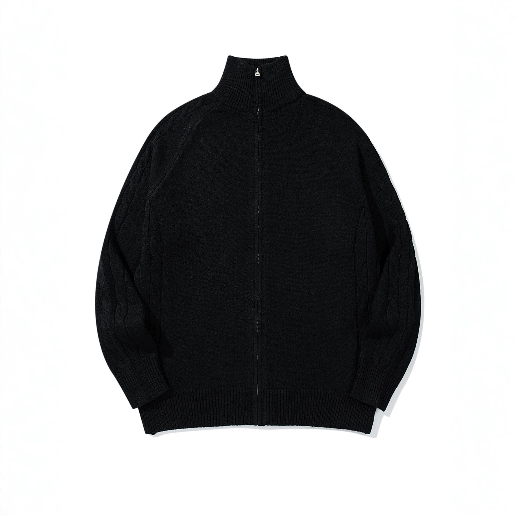 Men's bulky knit zip jacket with funnel collar, raglan sleeves, and cable pattern Chichicherry