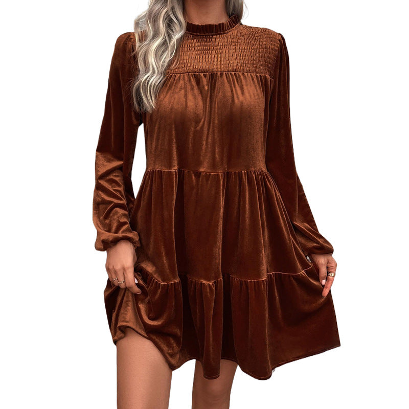 Women Velvet Tiered Dress with Smocked Bodice, Ruffled Collar and Balloon Sleeves Chichicherry