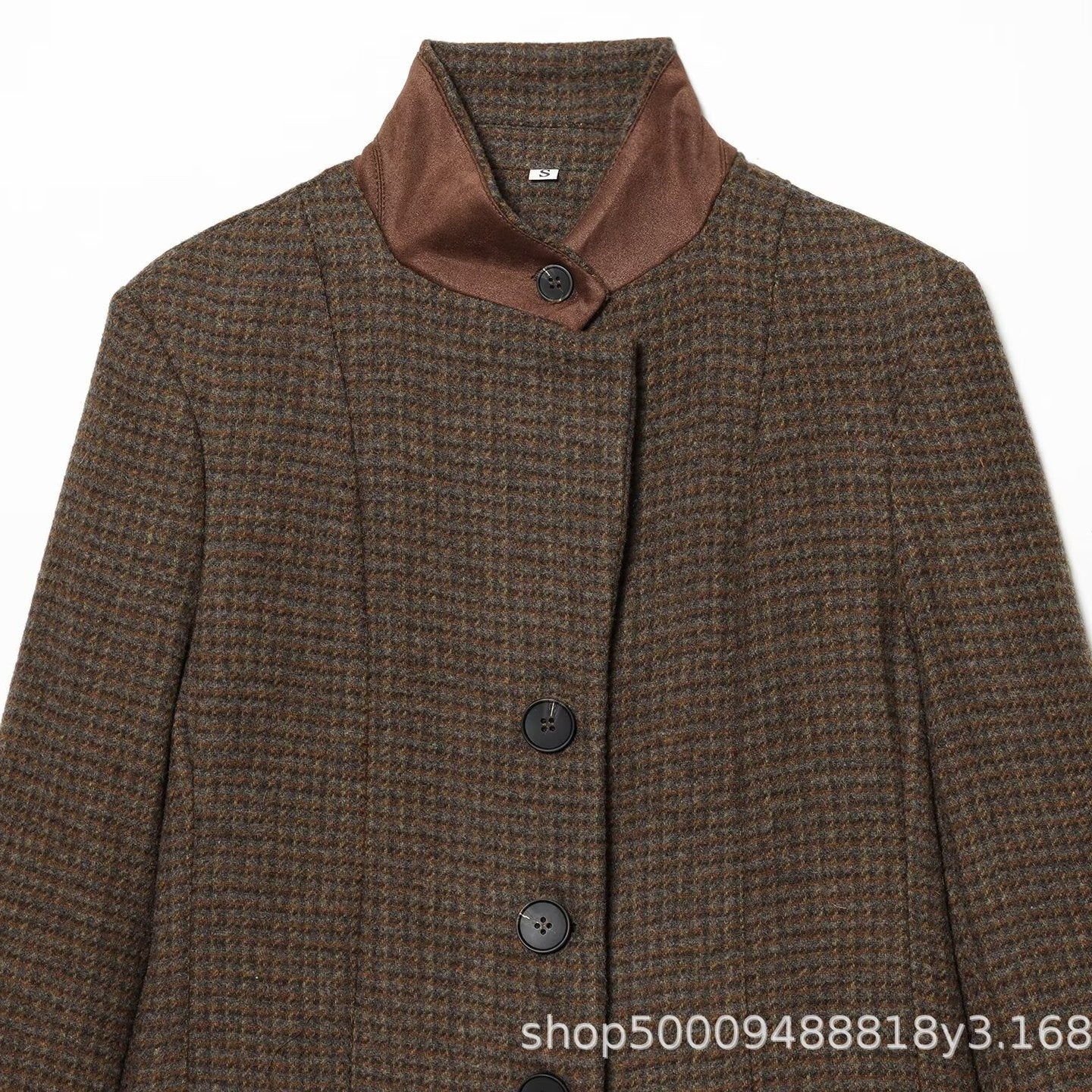 Women Short Tweed Blazer with Standing Collar, Button Placket and Flap Pockets Chichicherry