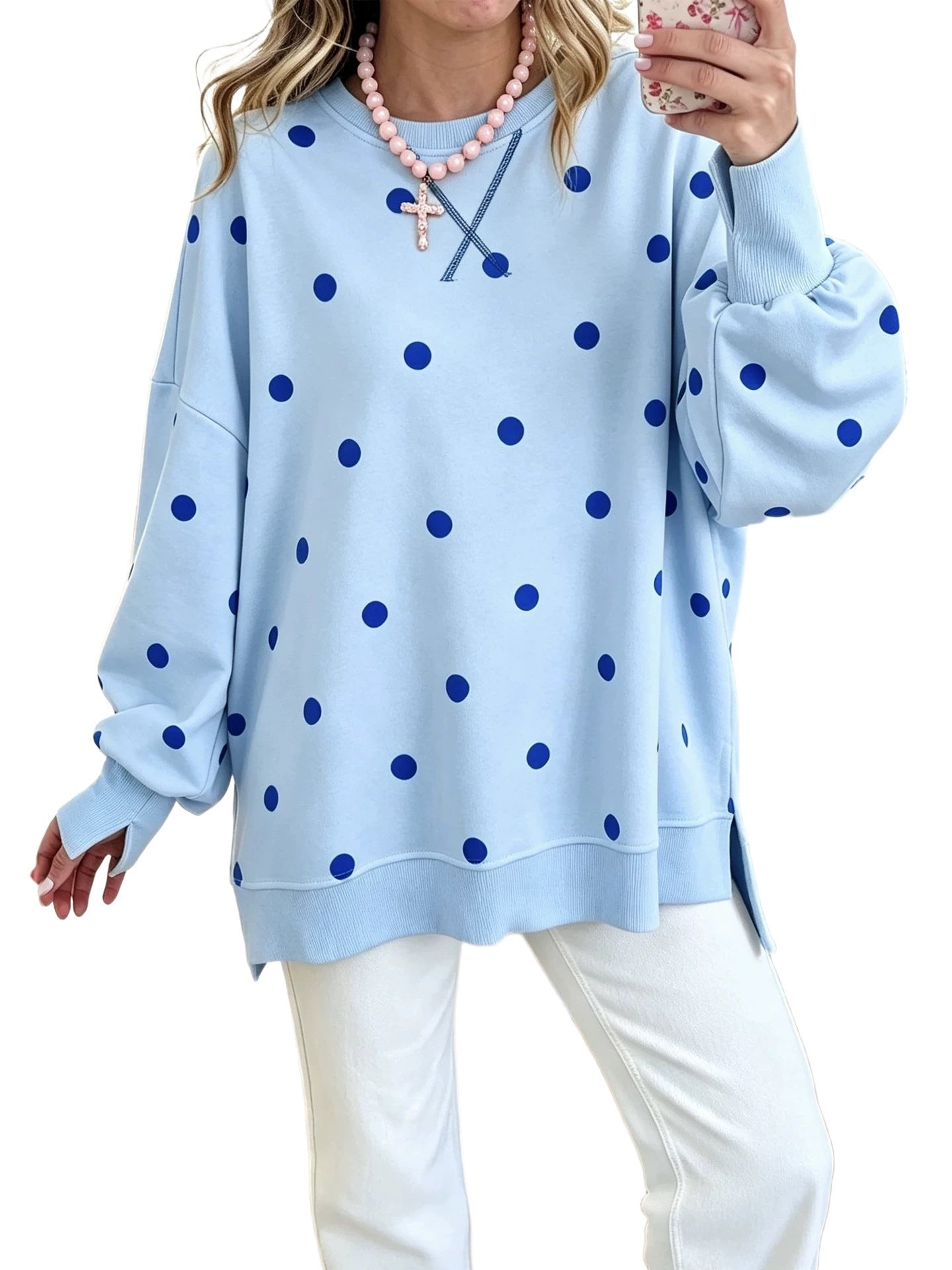 Women’s Oversized Sweatshirt with Polka Dot Print and Balloon Sleeves Chichicherry