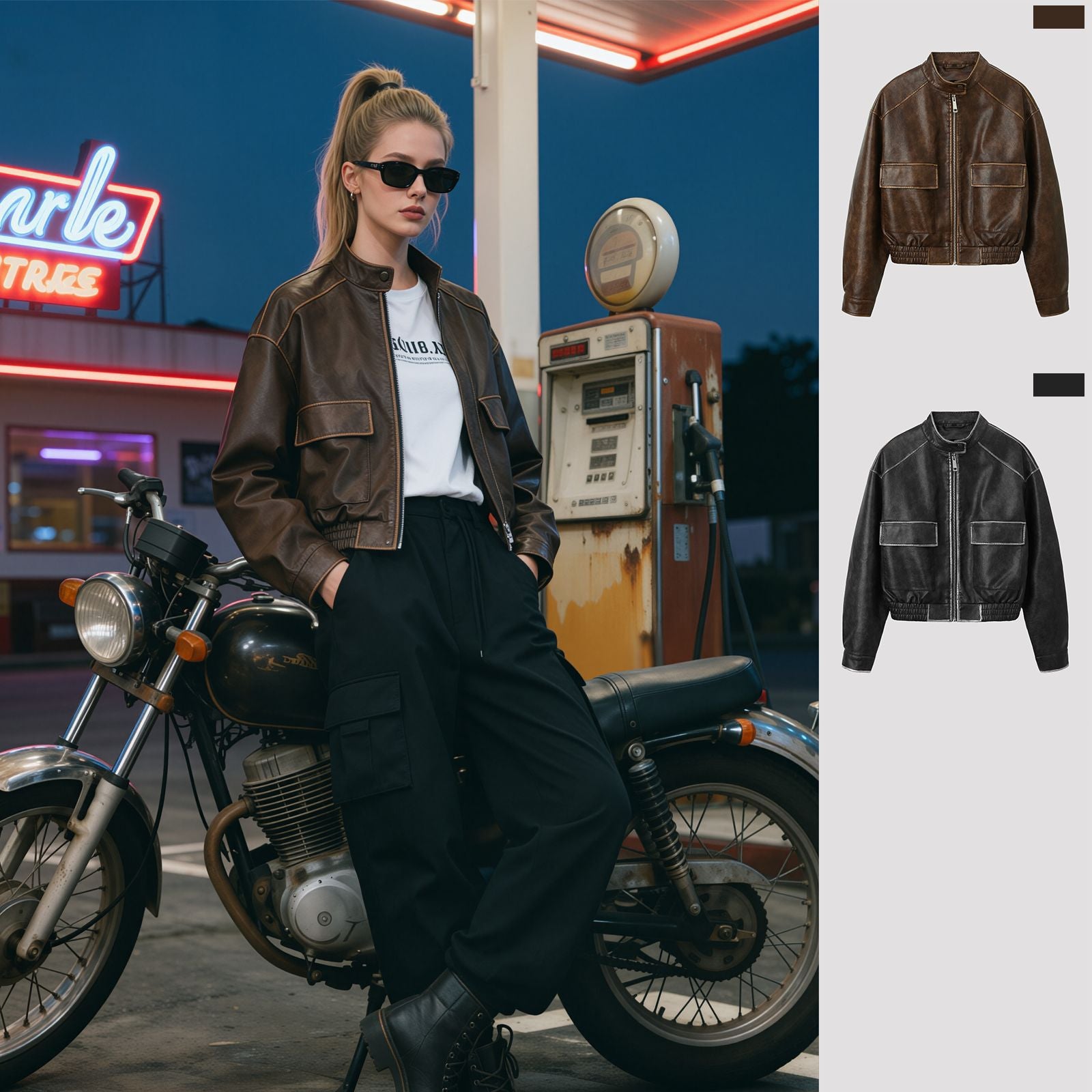 Men's Vintage Leather Bomber Jacket with Stand Collar, Flap Pockets and Elastic Waist Chichicherry