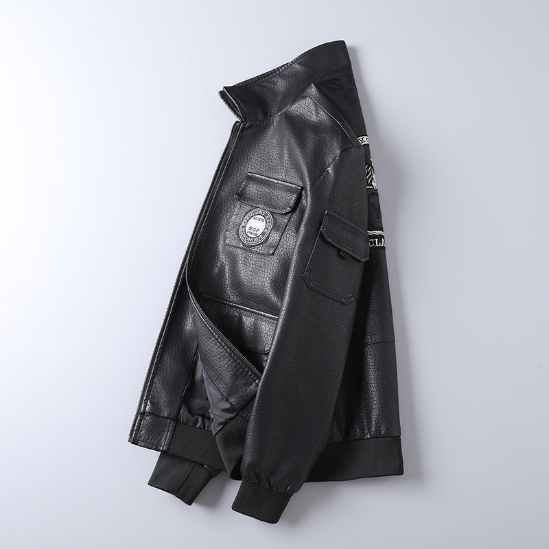 Men's faux leather field bomber jacket in pilot style with patch appliqués and front flap pockets Chichicherry