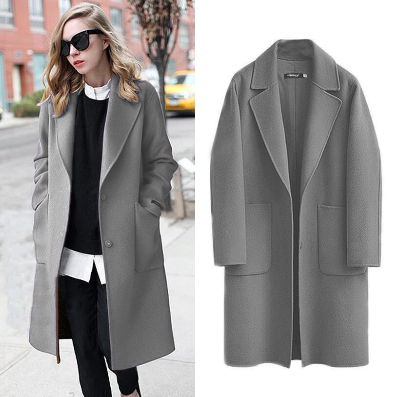Women Longline Wool Blend Coat with Oversized Lapel and Patch Pockets Chichicherry