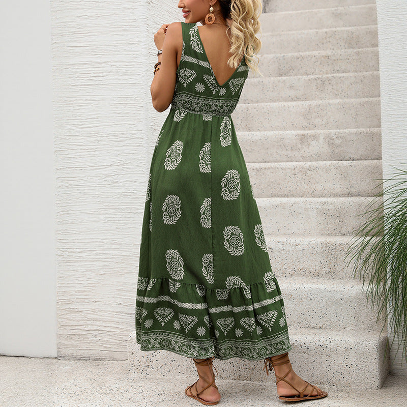 Women's maxi dress with V-neck, tailored tie belt and tiered flounce hem Chichicherry