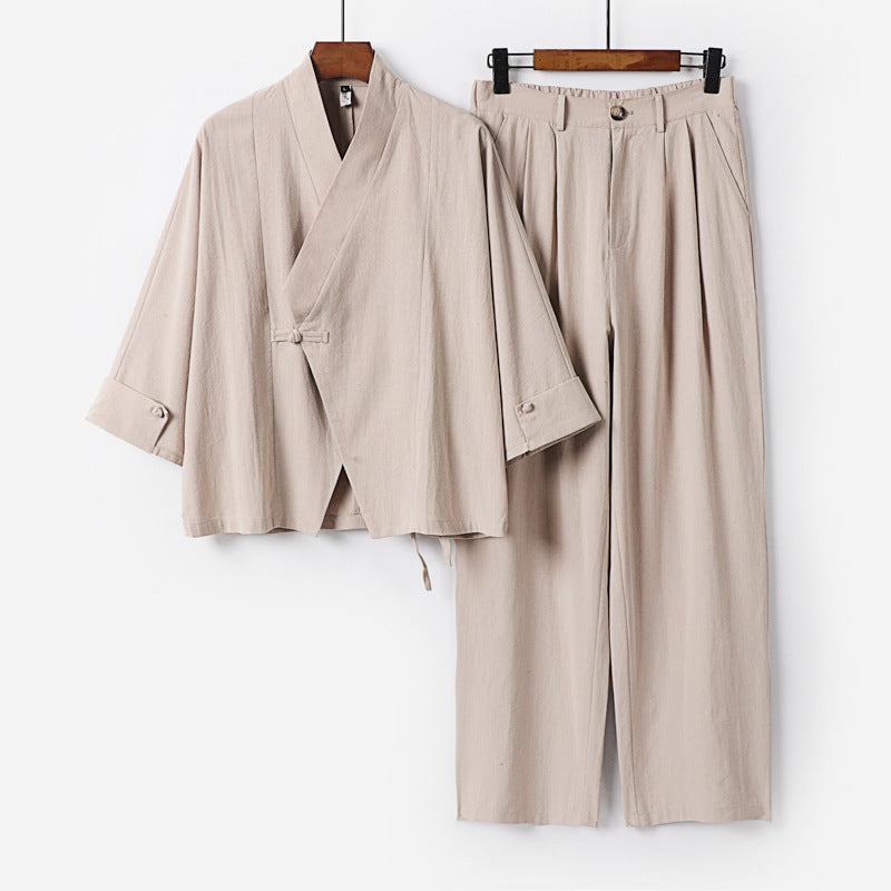 Men's Modern Zen Loungewear Set made of Lightweight Material with Short Kimono and Tailored Tapered Trousers Chichicherry