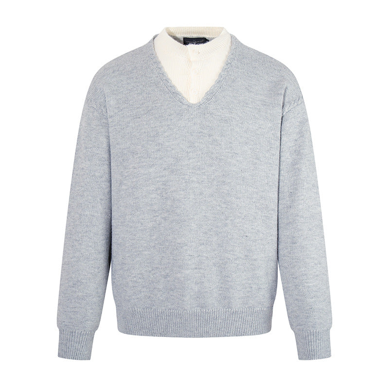 Men's Fine V-Neck Sweater with Layered Look and Stand-Up Collar Inner Part Chichicherry