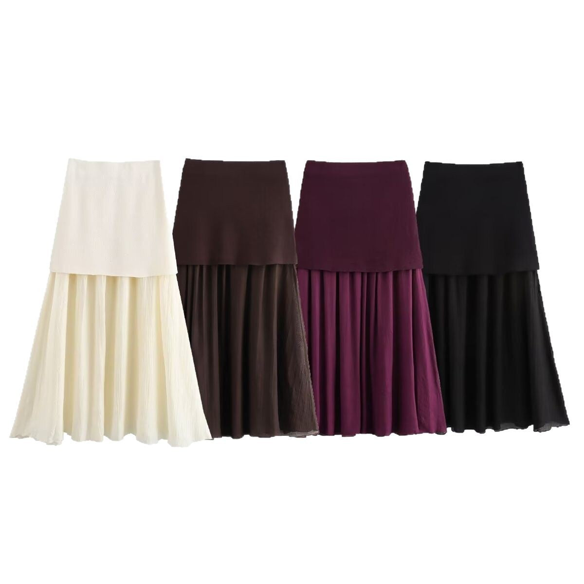 Women's Double-Layer Pleated Maxi Skirt with High Waist Chichicherry