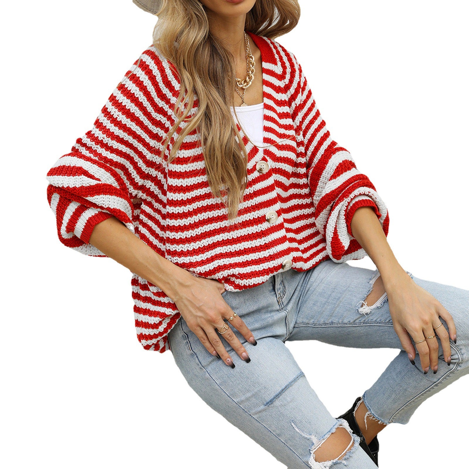 Women's striped oversized cardigan with V-neck and button placket Chichicherry